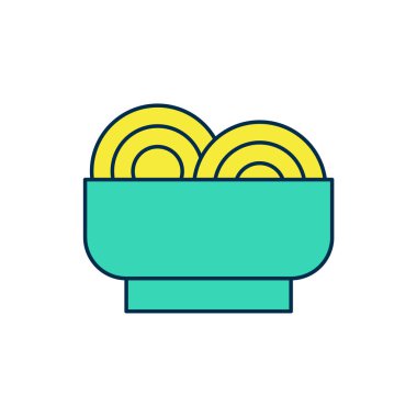 Beyaz arka planda izole edilmiş ana hatlı Asya erişteleri ve yemek çubukları ikonu. Sokak yemeği. Kore, Japon, Çin yemekleri. Vektör