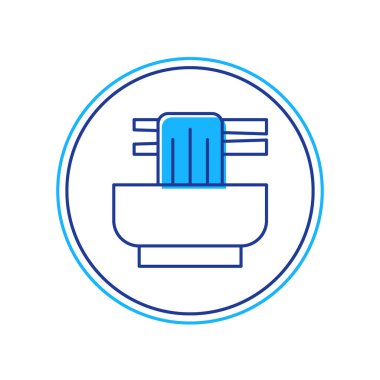 Beyaz arka planda izole edilmiş ana hatlı Asya erişteleri ve yemek çubukları ikonu. Sokak yemeği. Kore, Japon, Çin yemekleri. Vektör