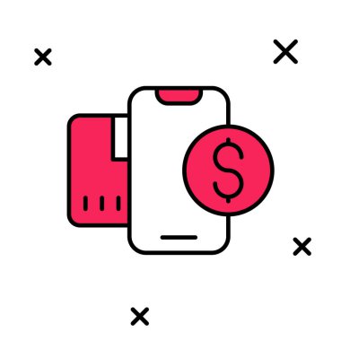 Beyaz arka planda izole edilmiş dolar sembollü akıllı telefon. İnternetten alışveriş konsepti. Finansal cep telefonu simgesi. Çevrimiçi ödeme. Vektör