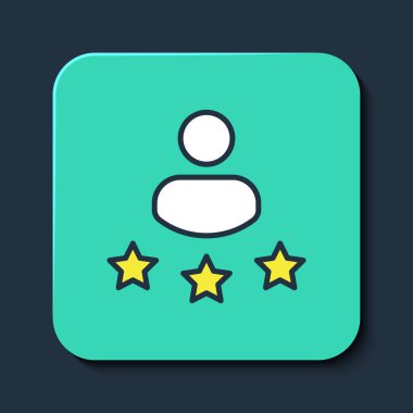 Doldurulmuş ana hatlı tüketici veya müşteri ürün değerlendirme simgesi mavi arkaplanda izole edildi. Turkuaz kare düğme. Vektör