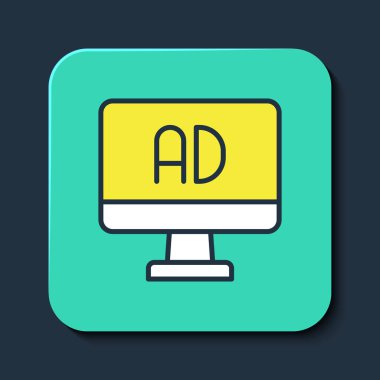 Doldurulmuş ana hat reklam simgesi mavi arkaplanda izole edildi. Pazarlama ve tanıtım süreci kavramı. İlgili reklamlar. Sosyal medya reklamcılığı. Turkuaz kare düğme. Vektör