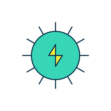 Beyaz arkaplanda izole edilmiş ana hatlı Güneş enerjisi simgesi. Yıldırım sembollü güneş. Vektör