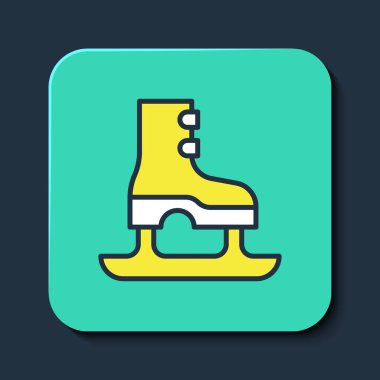 Doldurulmuş ana hatlı paten simgesi mavi arkaplanda izole edildi. Buz pateni ayakkabısı ikonu. Kılıçlı spor botlar. Turkuaz kare düğme. Vektör