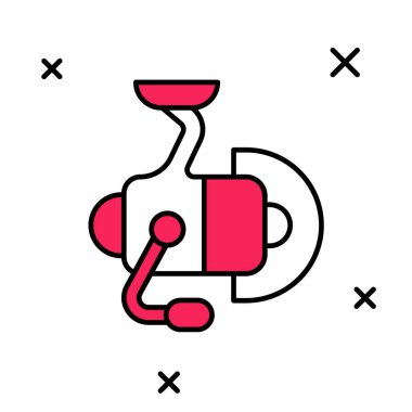 Beyaz arka planda izole edilmiş balık ikonu için ana makarayı doldurdum. Balık bobini. Balık oltası. Vektör