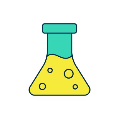 Doldurulmuş petrol test tüpü simgesi beyaz arka planda izole edildi. Komiklik şişesi ve düşen damla. Vektör