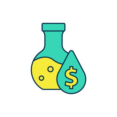 Doldurulmuş petrol test tüpü simgesi beyaz arka planda izole edildi. Komiklik şişesi ve düşen damla. Vektör