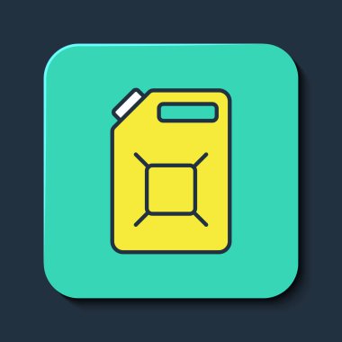 Mavi arka planda izole edilmiş benzin ikonu için ana hatlı teneke kutu. Dizel gaz ikonu. Turkuaz kare düğme. Vektör