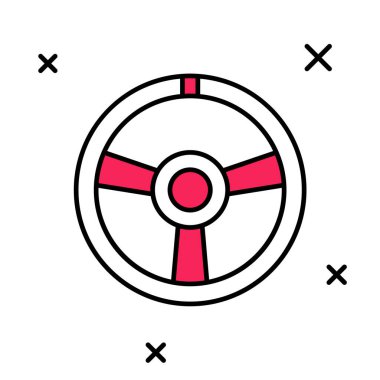 Beyaz arka planda izole edilmiş ana hatlı yarış direksiyon ikonu. Araba tekeri ikonu. Vektör