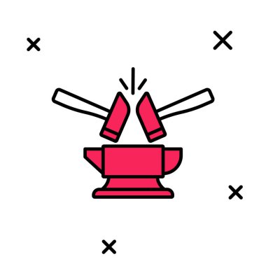 Ana hatları doldurulmuş demirci örs aracı ve çekiç simgesi beyaz arkaplanda izole edilmiş. Metal dövmesi. Kalpazanlık aleti. Vektör