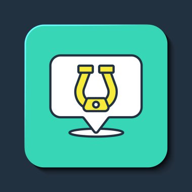 Doldurulmuş ana hat at nalı simgesi mavi arkaplanda izole edildi. Turkuaz kare düğme. Vektör