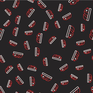 Line Fish with sliced pieces with knife icon isolated seamless pattern on black background. Vector