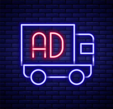 Glowing neon line Advertising on truck icon isolated on brick wall background. Concept of marketing and promotion process. Responsive ads. Social media advertising. Colorful outline concept. Vector