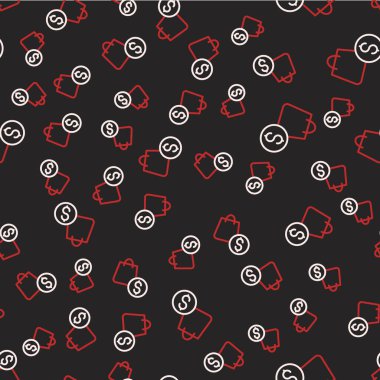 Line Shopping bag and dollar icon isolated seamless pattern on black background. Handbag sign. Woman bag icon. Female handbag sign. Vector