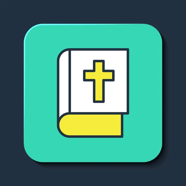 Filled outline Holy bible book icon isolated on blue background. Turquoise square button. Vector — Stock Vector