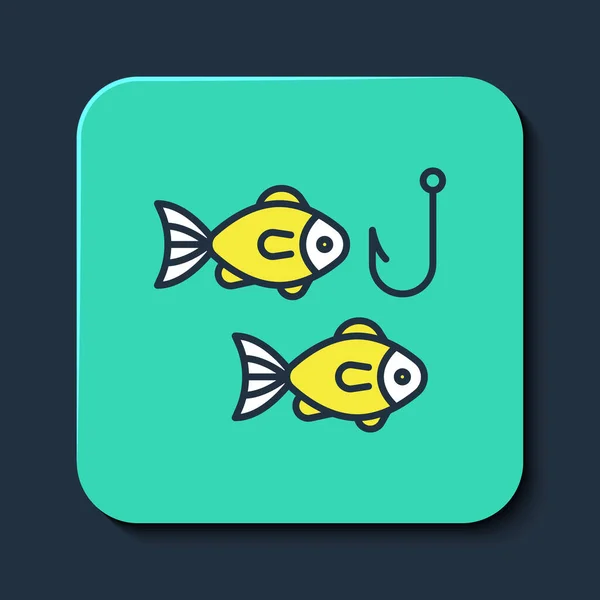 Filled outline Fishing hook under water with fish icon isolated on blue background. Fishing tackle. Turquoise square button. Vector — стоковый вектор