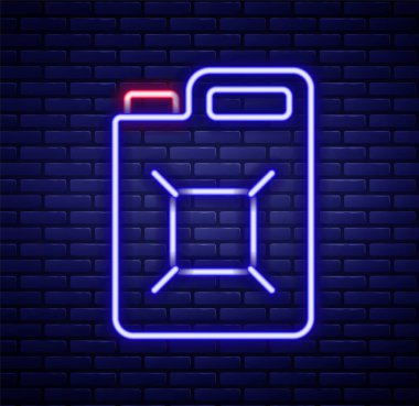 Tuğla duvar arkasında izole edilmiş benzin ikonu için parlayan neon hattı kutusu. Dizel gaz ikonu. Renkli taslak konsepti. Vektör