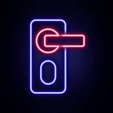 Glowing neon line Fingerprint door lock icon isolated on brick wall background. ID app icon. Identification sign. Touch id. Colorful outline concept. Vector