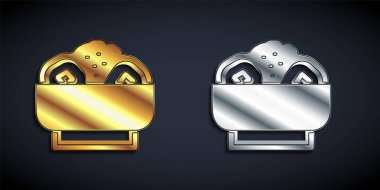 Gold and silver Chow mein on plate icon isolated on black background. Asian food. Long shadow style. Vector