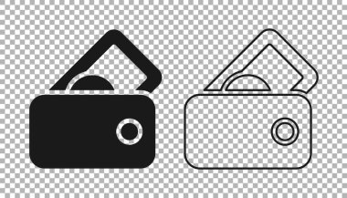 Black Wallet with money icon isolated on transparent background. Purse icon. Cash savings symbol. Vector