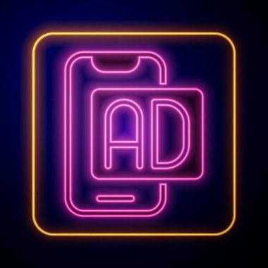Parlayan neon reklam simgesi siyah arkaplanda izole edildi. Pazarlama ve tanıtım süreci kavramı. İlgili reklamlar. Sosyal medya reklamcılığı. Vektör