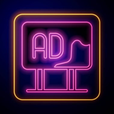 Parlayan neon reklam simgesi siyah arkaplanda izole edildi. Pazarlama ve tanıtım süreci kavramı. İlgili reklamlar. Sosyal medya reklamcılığı. Vektör