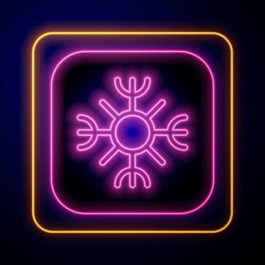 Parlayan neon kar tanesi simgesi siyah arkaplanda izole edildi. Vektör