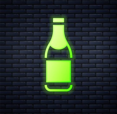 Parlayan neon şampanya şişesi ikonu tuğla duvar arkasında izole edilmiş. Mutlu Noeller ve mutlu yıllar. Vektör