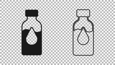 Siyah yağ petrol test tüpü simgesi şeffaf arkaplanda izole edildi. Komiklik şişesi ve düşen damla. Vektör