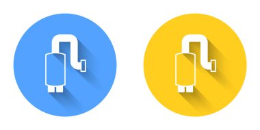 White Car muffler icon isolated with long shadow background. Exhaust pipe. Circle button. Vector