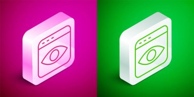 Isometric line Personal information collection icon isolated on pink and green background. Collection of personal data. Silver square button. Vector