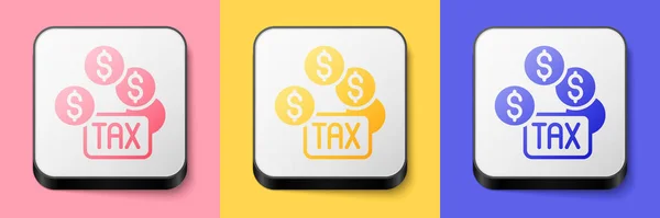 Isométrique icône de paiement d'impôt isolé sur fond rose, jaune et bleu. Bouton carré. Vecteur — Image vectorielle