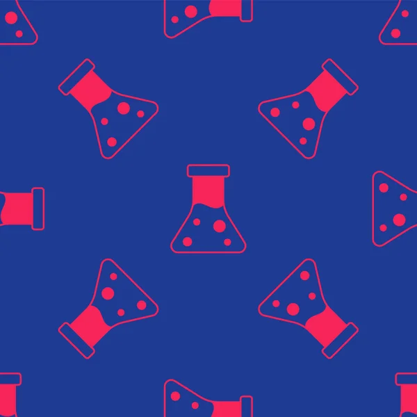 Red Oil petrol test tube icon isolated seamless pattern on blue background. Cmemistry flask and falling drop. Vector — 图库矢量图片