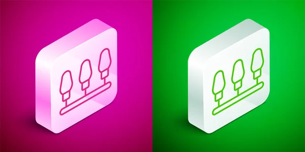 Isometric line Christmas lights icon isolated on pink and green background. Merry Christmas and Happy New Year. Silver square button. Vector — Stok Vektör