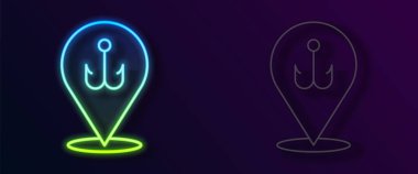 Parlayan neon hattı. Balıkçı kancası simgesi siyah arkaplanda izole edildi. Balık oltası. Vektör