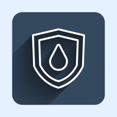 White line Oil drop on shield icon isolated with long shadow background. Blue square button. Vector