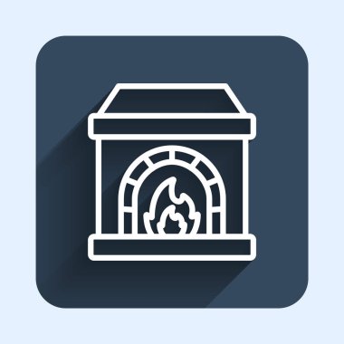 Beyaz çizgi Demirci fırın ikonu uzun gölge arkaplan izole. Mavi kare düğme. Vektör