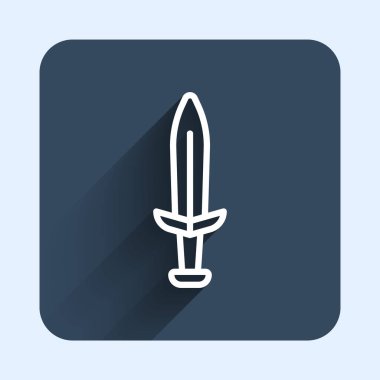 White line Medieval sword icon isolated with long shadow background. Medieval weapon. Blue square button. Vector