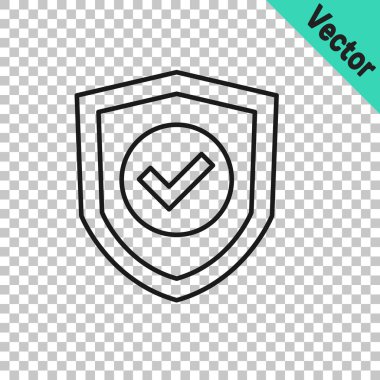 Black line Shield with check mark icon isolated on transparent background. Protection symbol. Security check Icon. Tick mark approved icon. Vector