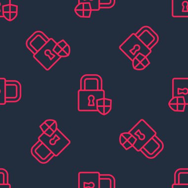 Red line Shield security with lock icon isolated seamless pattern on black background. Protection, safety, password security. Firewall access privacy sign. Vector