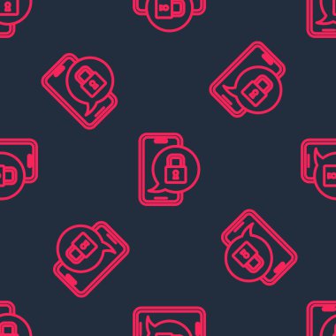 Red line Smartphone with closed padlock icon isolated seamless pattern on black background. Phone with lock. Mobile security, safety, protection concept. Vector