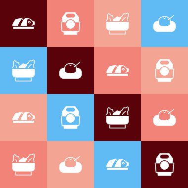 Set pop art Fish with sliced pieces, Asian noodles in paper box, Wonton and Mochi icon. Vector