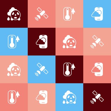 Set pop art Acid rain radioactive cloud, Satellite, Thermometer and Weather forecast app icon. Vector