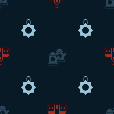 Set Church building, Christmas mittens and toy on seamless pattern. Vector