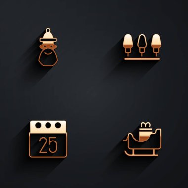 Set Santa Claus hat and beard, Christmas lights, day calendar and santa claus sleigh icon with long shadow. Vector