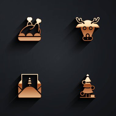 Set Roasted turkey or chicken, Reindeer, Envelope and Christmas tree icon with long shadow. Vector