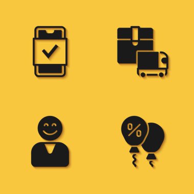 Set Mobile shopping, Discount percent tag, Happy customer and Delivery cargo truck icon with long shadow. Vector