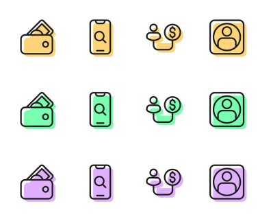 Set line Human and money, Wallet with, Magnifying glass mobile and Create account screen icon. Vector