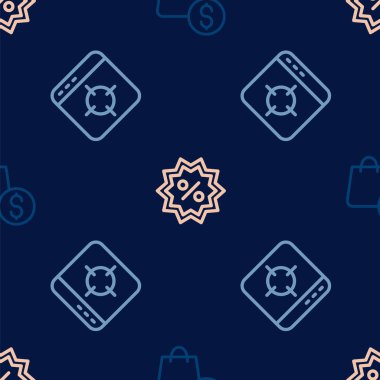 Set line shopping bag and dollar, Target financial goal and Discount percent tag on seamless pattern. Vector