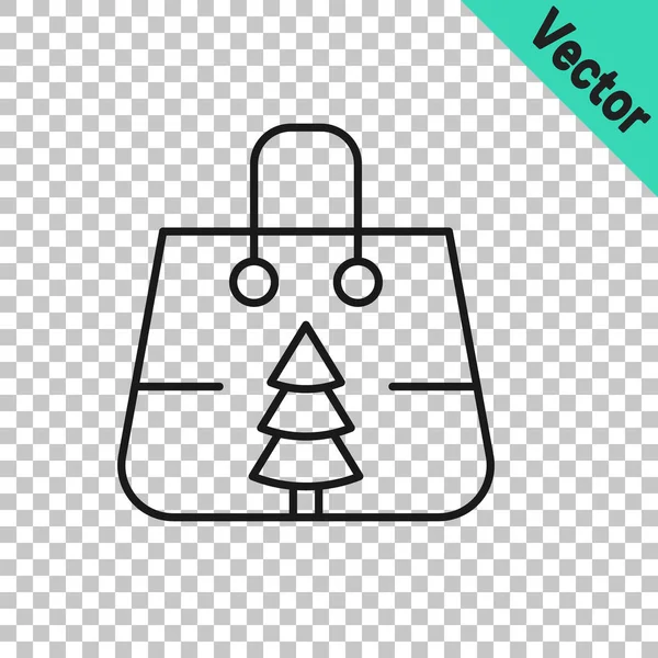 Bolsa de compras de papel navideño de línea negra con icono de copo de nieve aislado sobre fondo transparente. Firma del paquete. Feliz Navidad y Feliz Año Nuevo. Vector — Vector de stock