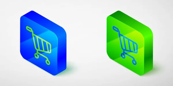 Isometric line Shopping cart icon isolated on grey background. Online buying concept. Delivery service sign. Supermarket basket symbol. Blue and green square button. Vector — Stock vektor